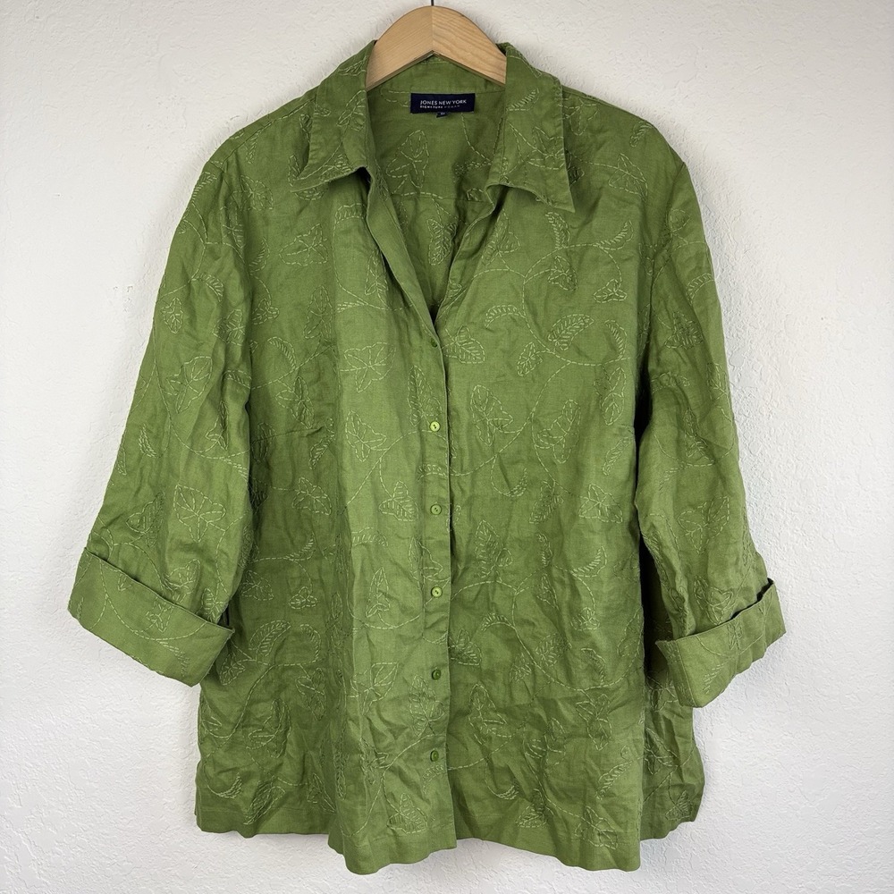Jones New York 3x 100% Linen Button Front 3/4 Sleeve Shirt Green Embroidered 90s